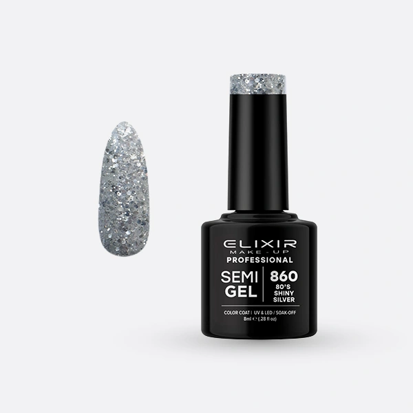Гель-лак для нігтів Elixir Semi Gel 860 80’s Shiny Silver срібний, з блискітками та шестикутниками 8 мл