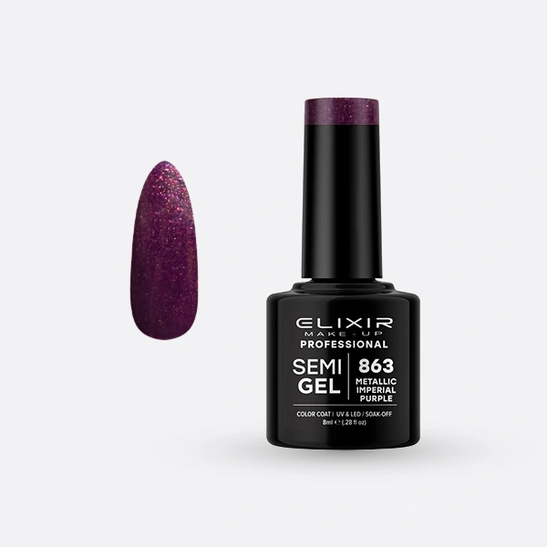 Гель-лак для нігтів Elixir Semi Gel 863 Metallic Imperial Purple фіолетовий, з блискітками 8 мл