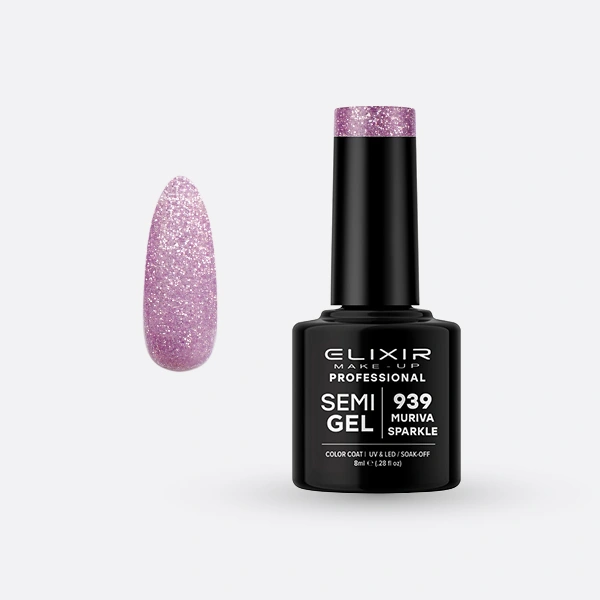 Гель-лак для нігтів Elixir Semi Gel 939 Muriva Sparkle бузковий, з блискітками 8 мл