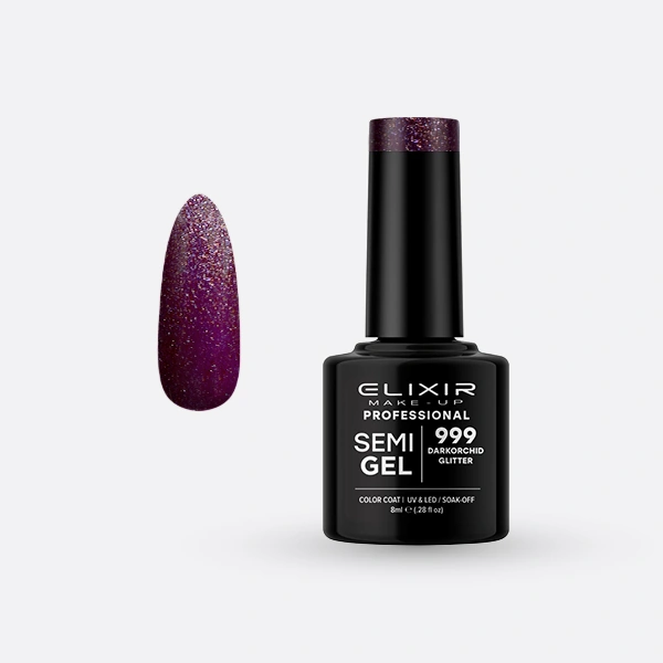 Гель-лак для нігтів Elixir Semi Gel 999 Darkorchid Glitter темна орхідея, з блискітками 8 мл