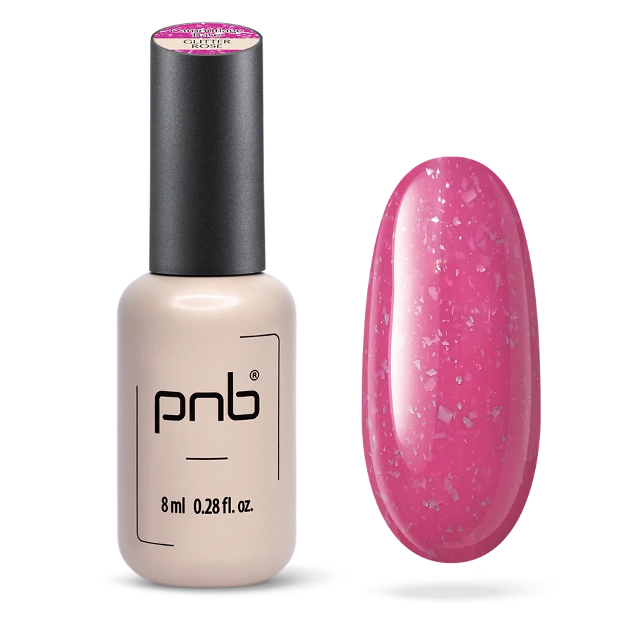 База камуфлююча PNB UV/LED Camouflage Base Glitter Rose яскравий рожевий з холодним підтоном, зі срібною поталлю 8 мл