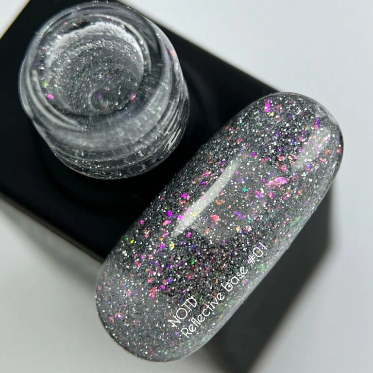 Камуфлююча світловідбиваюча база з шимером Nails Of The Day NAILSOFTHENIGHT Reflective Base №01 срібні та рожеві блискітки 10 мл