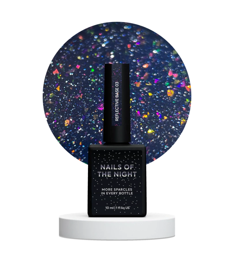 Камуфлююча світловідбиваюча база з шимером Nails Of The Day NAILSOFTHENIGHT Reflective Base №03 фіолетові та рожеві блискітки 10 мл