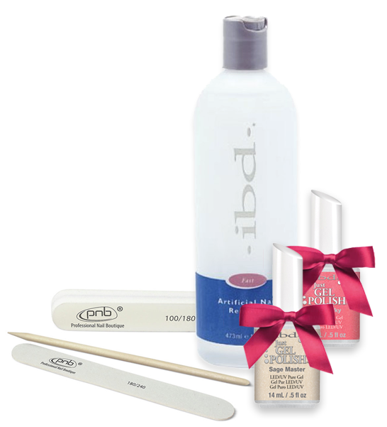 Акція! Засіб для зняття штучних покриттів IBD Artificial Nail Remover (Set) 2 гель-лаки та набір для манікюру в подарунок 473 мл
