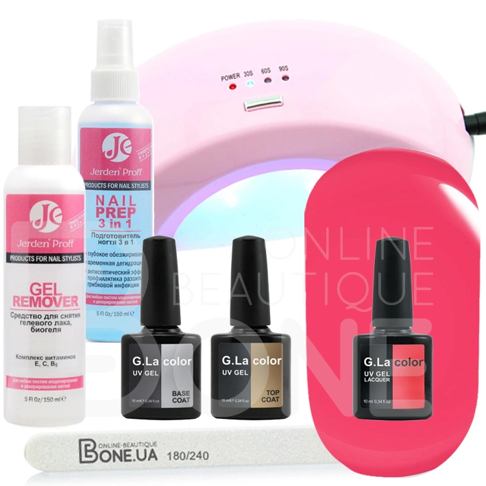 Стартовий набір G.La Сolor Bone G.La Сolor Starter Kit база-топ 2в1, гель-лак, знежирювач, ремувер та LED лампа
