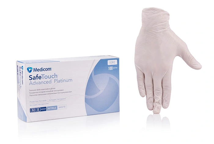 Рукавички нітрилові, неопудрені, білі, M, 100шт Medicom SafeTouch Advanced Platinum White M 100 шт