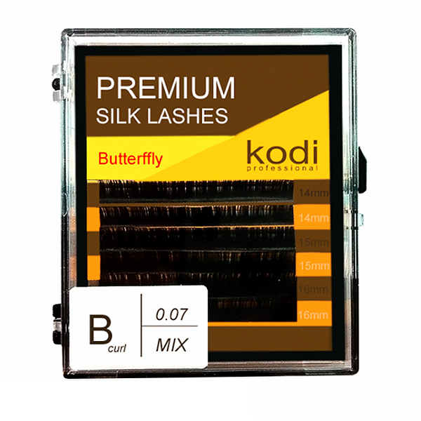 Преміум вії для нарощування штучні Kodi Premium Silk Lashes Butterfly Black (B, 14-16 мм) чорні