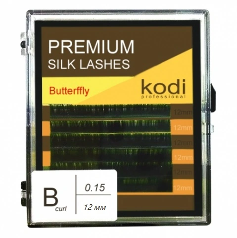 Преміум вії для нарощування штучні Kodi Premium Silk Lashes Butterfly Green (B/0.15, 12 мм) зелені