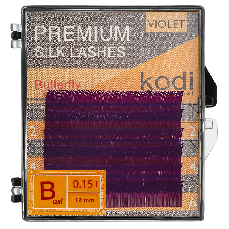 Преміум вії для нарощування штучні Kodi Premium Silk Lashes Butterfly Violet (B/0.15, 12 мм) фіолетові