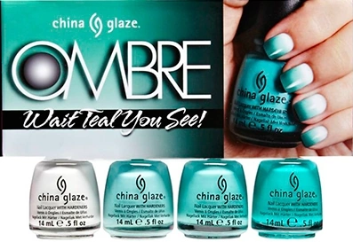 Набір Ombre 4 лаки China Glaze OMBRE Wait teal you see! White On White, For Audrey, Aquadelic, Turned Up Turquoise